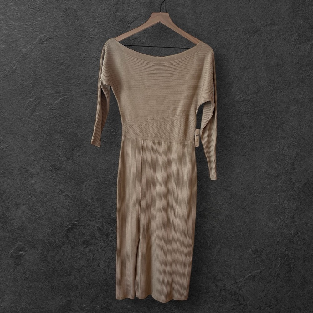 Anthropologie Petites Off-the-Shoulder Slim Knit Midi Dress Taupe Size SP - Picture 4 of 14